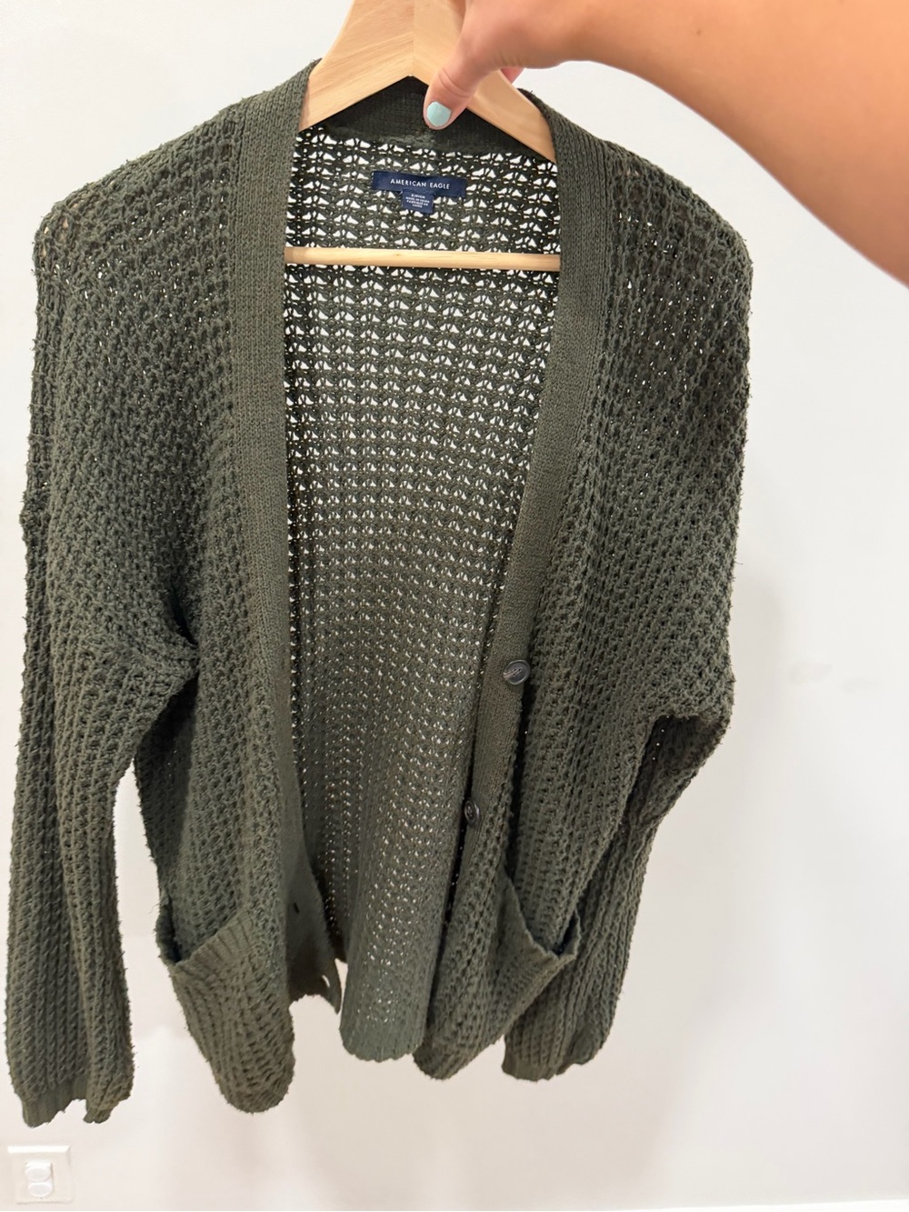 American Eagle Outfitters Olive Open-Knit Button Cardigan